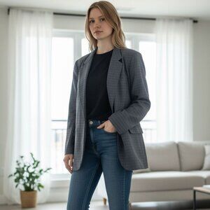 Vintage French Linen Blend Blazer – Navy Pinstripe – Made in France – Large